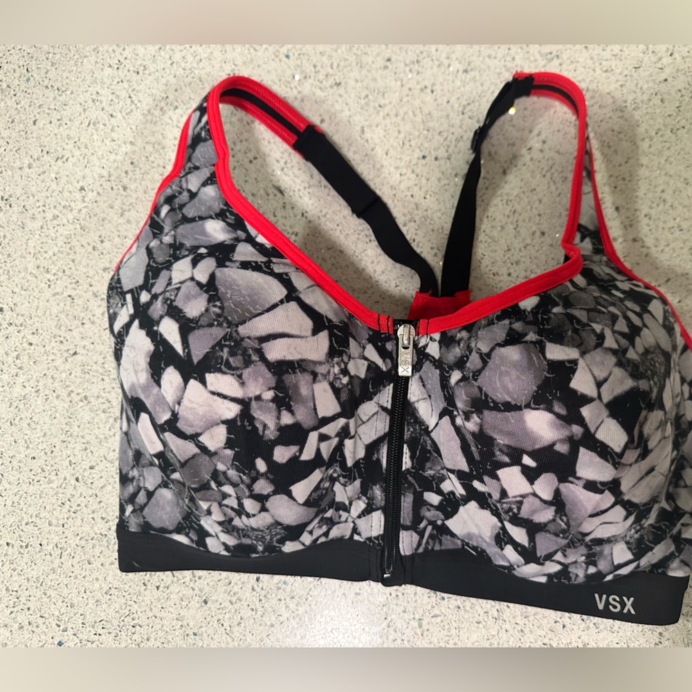VSX Monochrome Patterned Sports Bra with Red Accents 34DD